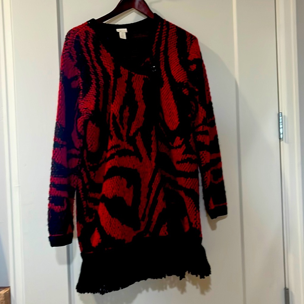 Chicos red/black dress length knit coat/sweater